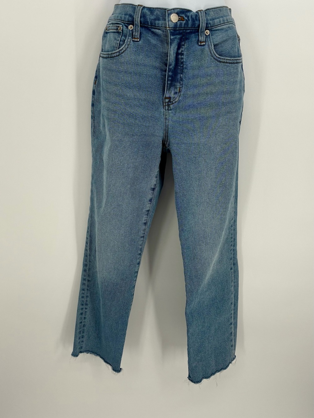 J.Crew Essential Straight High Rise Raw Hem Medium Wash Denim Jeans Size 28